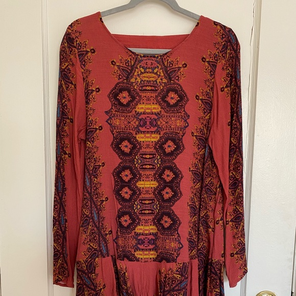 Free People Smooth Talker Mini Tunic Boho Dress Rust Red Paisley Ruffle Hem - Picture 3 of 6